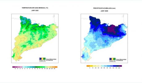 Mapes de temperatura i precipitació de Catalunya corresponents al mes de juny del 2020