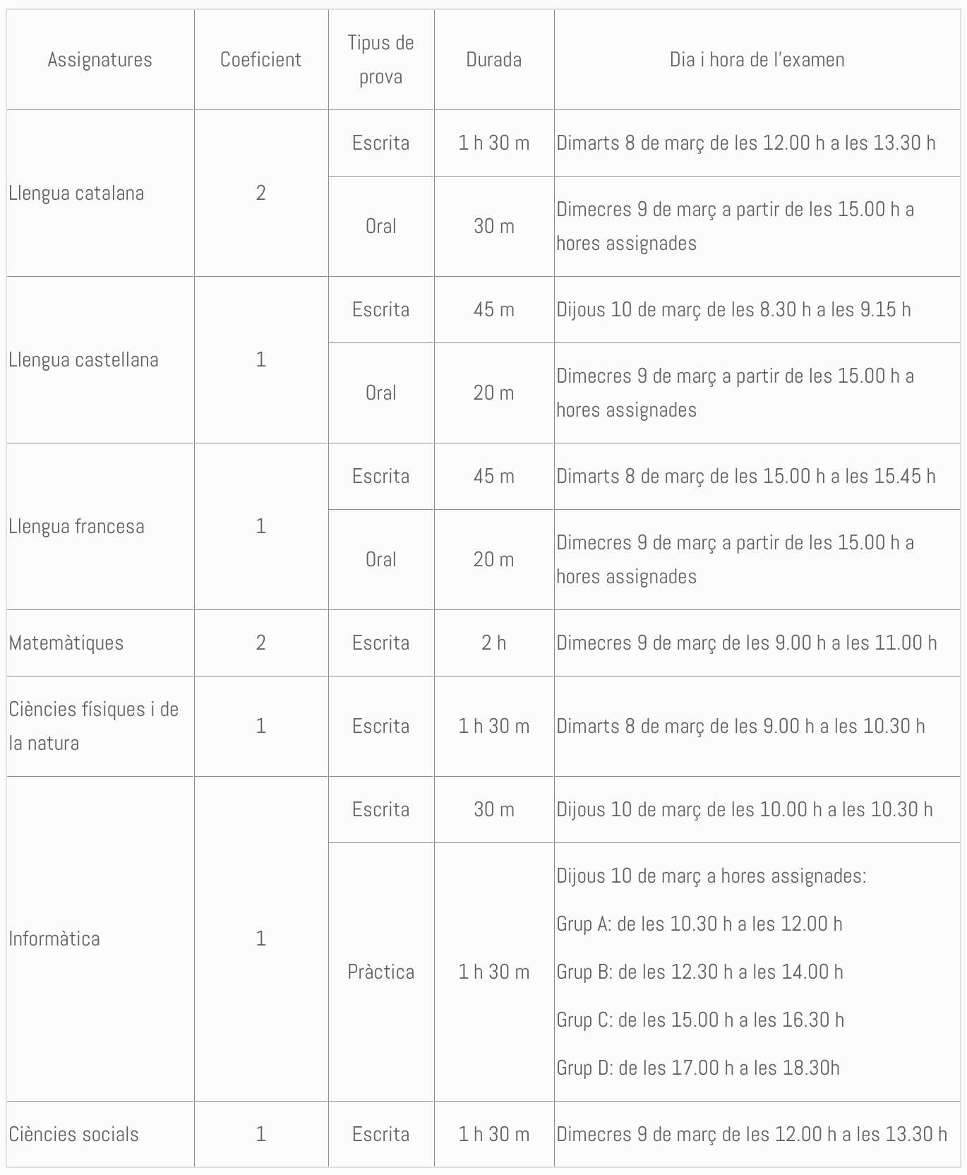 El calendari d’exàmens