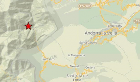 Mapa on s'indica l'epicentre d'un petit terratrèmol prop d'Os de Civís