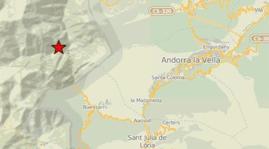 Mapa on s'indica l'epicentre d'un petit terratrèmol prop d'Os de Civís