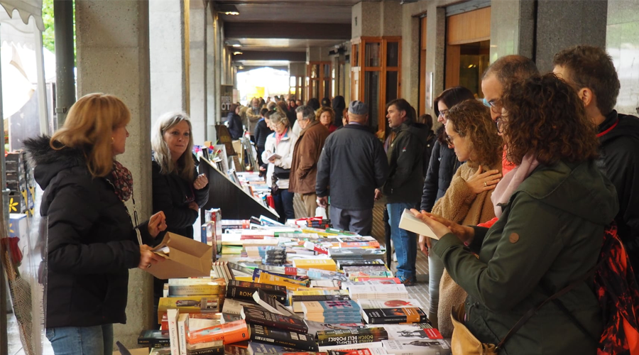 Una parada de llibres als porxos de la Seu d'Urgell per Sant Jordi