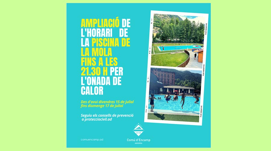 Cartell anunciant l'ampliació de l'horari de la piscina de la mola a Encamp per l'onada de calor
