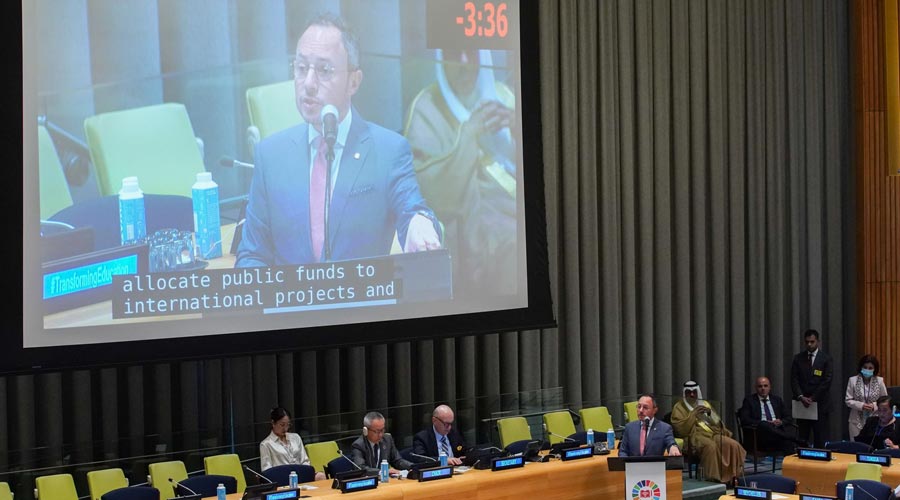 El cap de govern Xavier Espot durant la seva intervenció sobre educació a les Nacions Unides