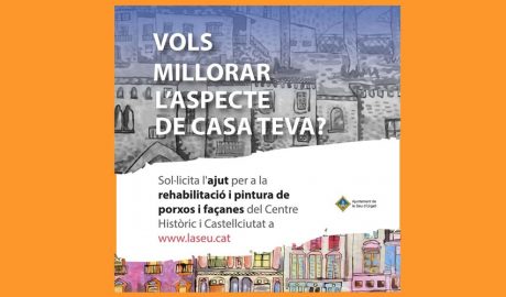 Cartell anunciant ajuts per a rehabilitar i repintar porxos i façanes del centre històric de la Seu i Castellciutat