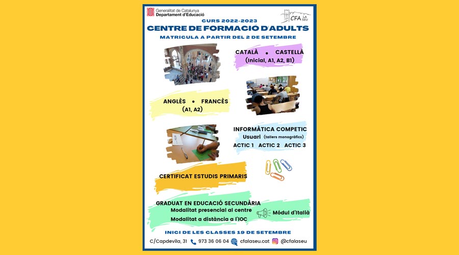 Cartell indicant l'obertura d'inscripcions per a les matrícules de la formació d'adults, a la Seu
