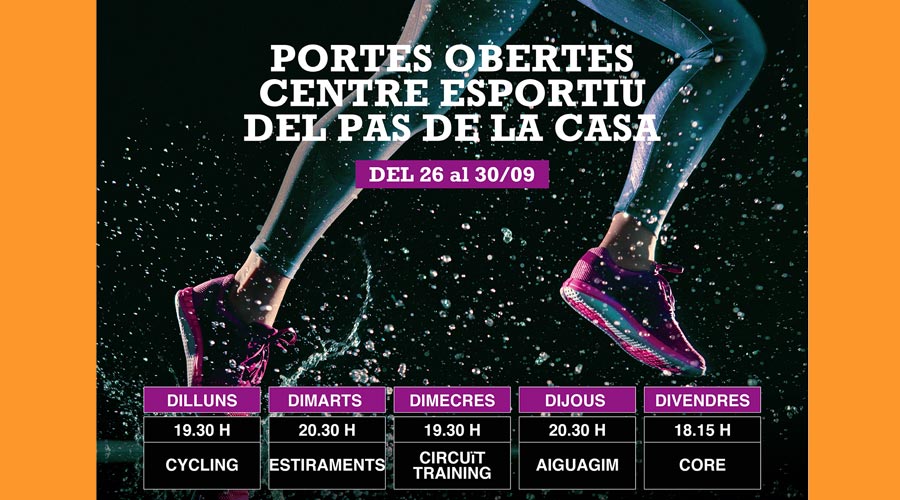 Cartell anunciant les jornades de portes obertes a Encamp i al Pas per a conèixer les activitats esportives dirigides