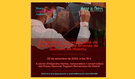Cartell de la conferència d'Alejandra Martos sobre la restauració de la pintura Castell de Briones de Gustavo de Maeztu