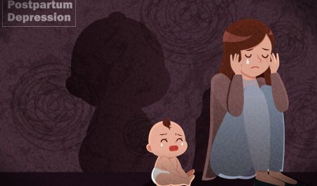 Un dibuix que figura la depressió postpart amb la mare i el bebè plorant