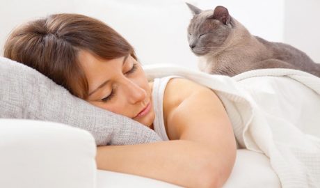 Una noia i un gat dormint en un llit