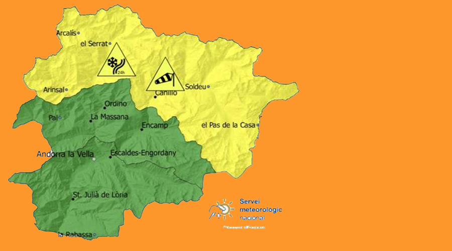 Mapa d'avís groc per ventades i nevades
