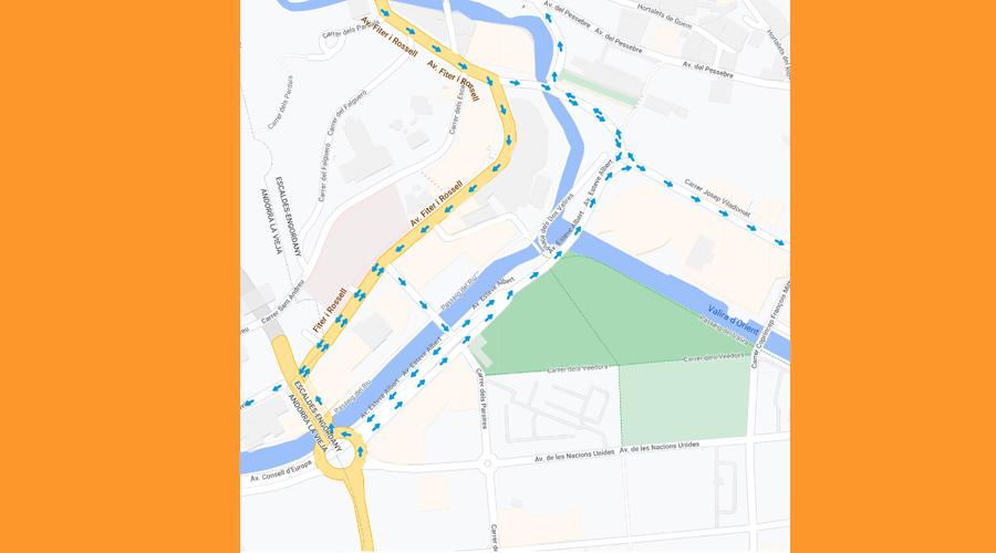 Plànol facilitat pel Comú d'Escaldes sobre el sentit de la circulació de vehicles en els punts afectats per obres