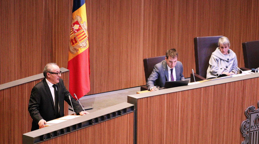 Joan Carles Camp durant la seva intervenció en la darrera sessió de l'any del Consell General