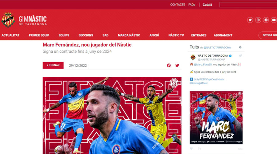 a web del Nàstic anunciant el fitxatge de Marc Fernández, fins ara al FC Andorra