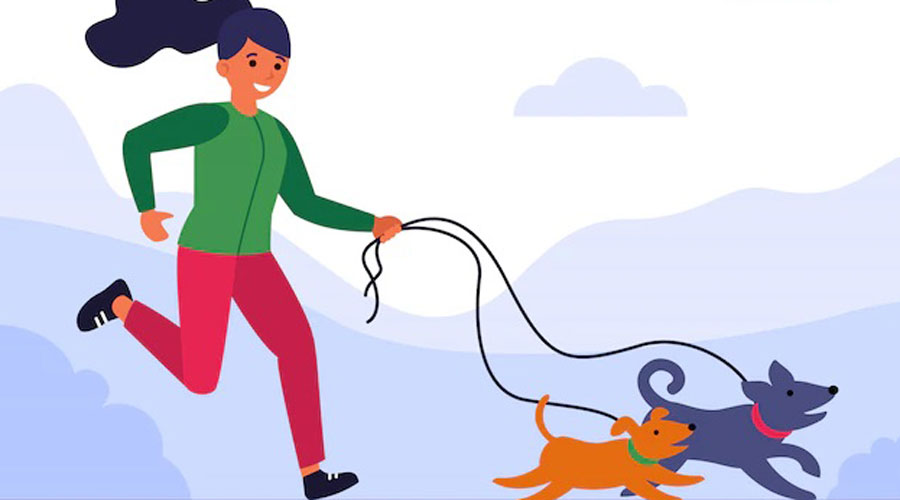 Dibuix d'una noia passejant dos gossos