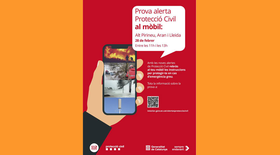 Cartell anunciant la prova d'emergència que es farà a l'Alt Pirineu i Aran (Gencat)