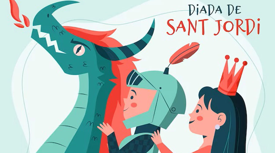 El drac, Sant Jordi i la princesa, els emblemes de la diada juntament amb els llibres i les roses (freepik)