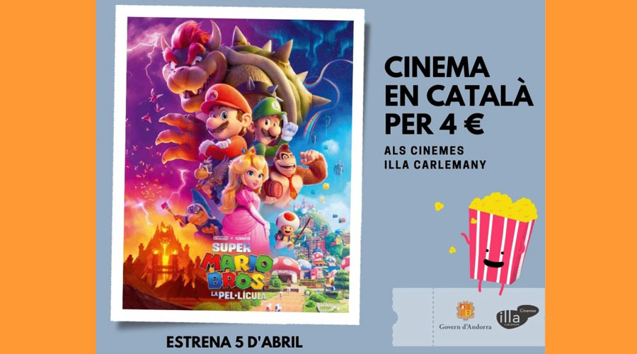 Anunci de l'estrena de la pel·lícula Super Mario Bros en català (Govern d'Andorra)