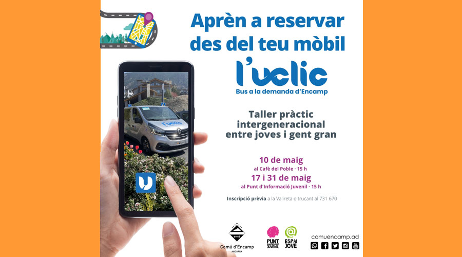 Cartell anunciant el taller per a la gent gran per a aprendre a reservar l'Uclic, a Encamp, des del mòbil