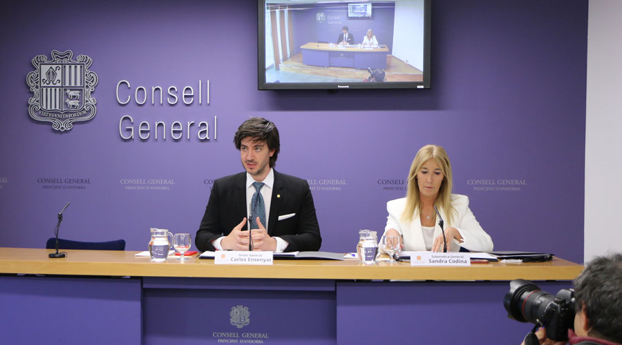 Els síndics Carles Enseñat i Sandra Codina parlant de les retribucions del Parlament (Consell General)