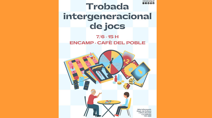 Cartell de la tarda de jocs de taula entre jovent i gent gran a Encamp (Comú)