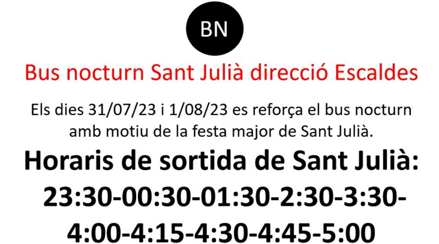 Horaris dels busos de reforç per la festa major de Sant Julià (Govern d'Andorra)