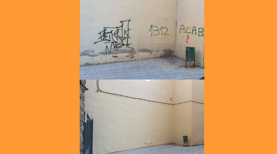 L'abans i el després d'una pintada a la paret (Aj. la Seu)
