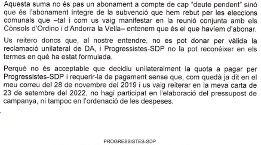 Fragment d'una de les cartes enviades per Progressistes a DA no reconeixent el deute (Progressistes-SDP)