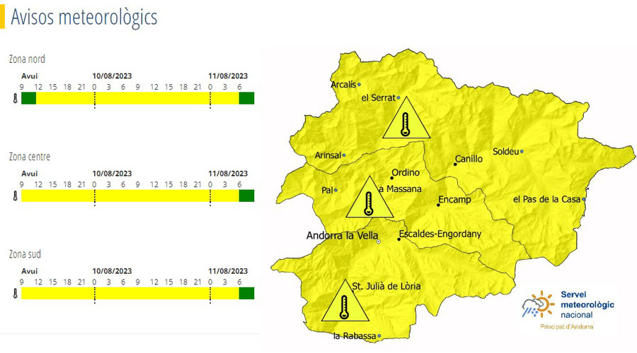 Mapa d'avís groc per temperatures altes (Servei Meteorològic Nacional)