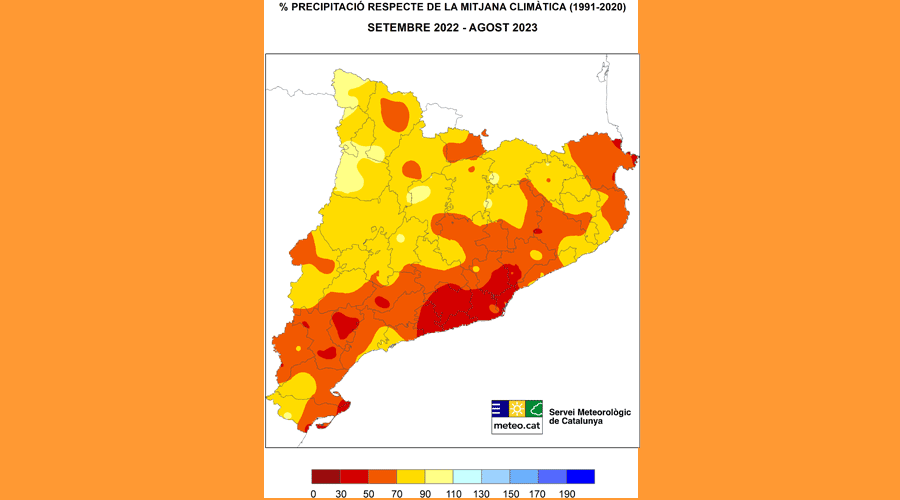 Mapa d'anomalia de pluja de setembre de 2022 a agost de 2023, en comparació amb la mitjana climàtica (MeteoCat)