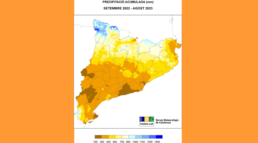 Mapa de precipitació total a Catalunya entre setembre de 2022 i agost de 2023 (SMC)