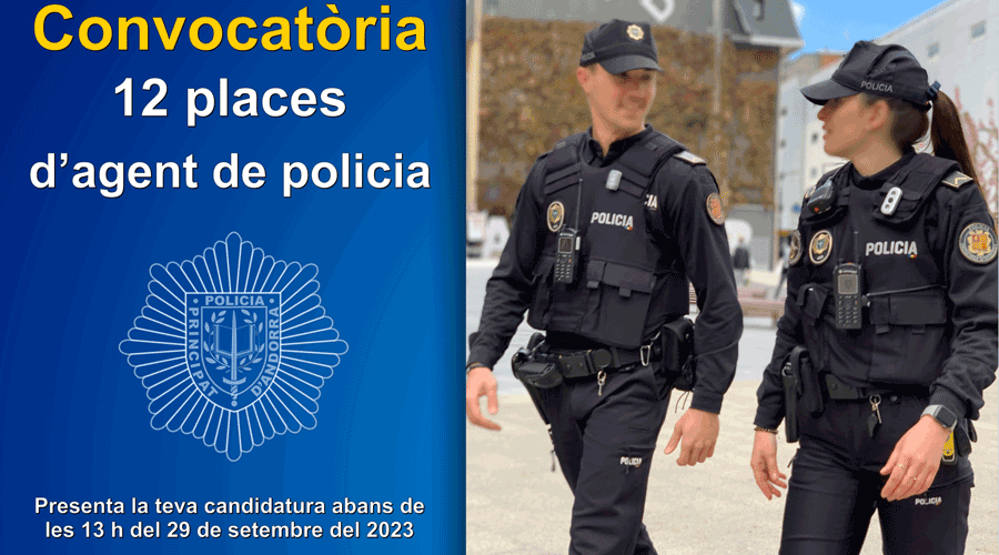 Cartell anunciant la convocatòria per a contractar 12 places d'agents de la Policia (Policia d'Andorra)