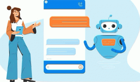 Dibuix d'una dona interactuant amb un xatbot