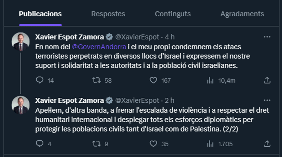 Missatges de Xavier Espot en nom del Govern pel conflicte armat a Israel a les xarxes socials
