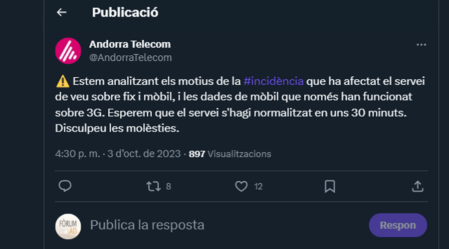 Missatge a X d'Andorra Telecom sobre la incidència