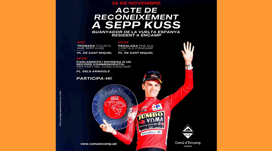 Cartell anunciant l'acte de reconeixement al ciclista resident a Encamp, Sepp Kuss (Comú)