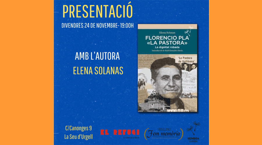Cartell anunciant la presentació del llibre "Florencio Pla, la Pastora" (Aj. la Seu)