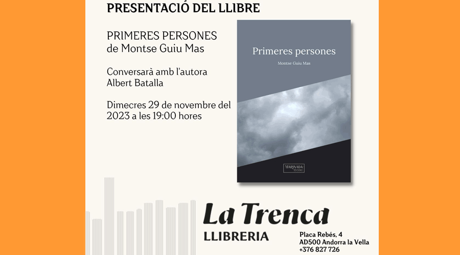 Cartell anunciant la presentació del llibre "Primeres persones", de Montse Guiu