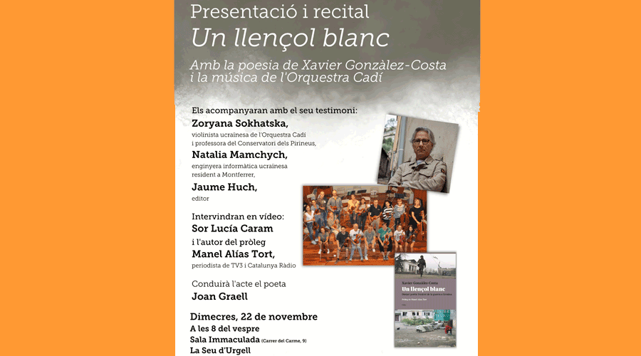 Cartell anunciant la presentació i recital poètic d''Un llençol blanc', de Xavier González-Costa, a la Seu