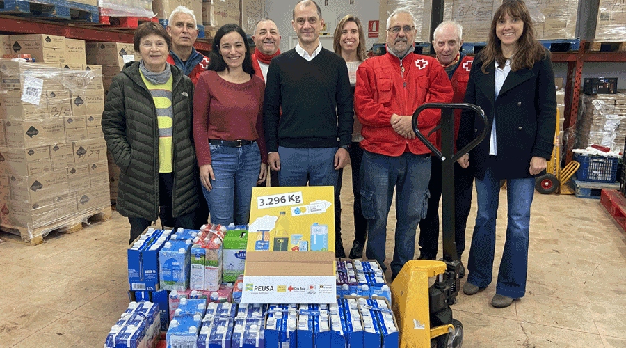 Responsables de PEUSA i del tercer sector amb la llet donada per l'empresa (Aj. la Seu)