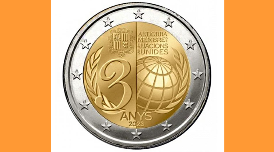 Moneda d'euro andorrana que commemora el 30è aniversari de l'ingrés del Principat a Nacions Unides (CE)