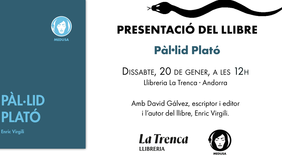 Targeta anunciant la presentació del llibre "Pàl·lid Plató", d'Enric Virgili (Medusa)