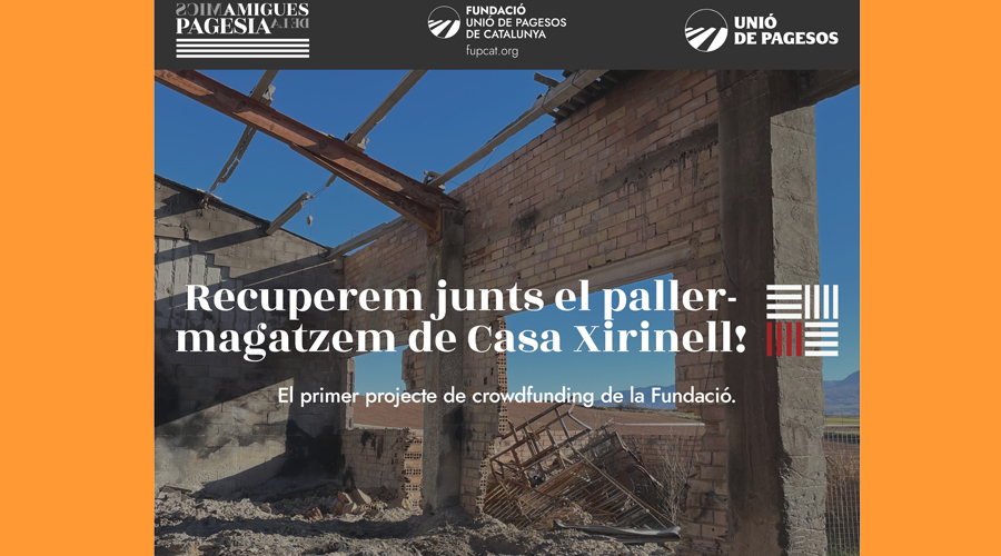 Cartell anunciant el crowdfunding per a recuperar el paller magatzem de Casa Xirinell (FUPCAT)