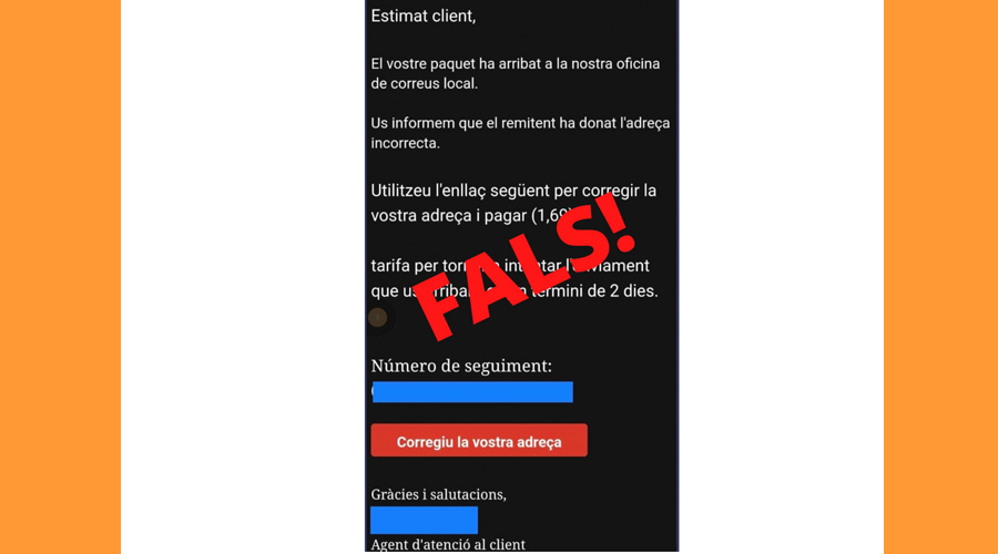 Un fals missatge per a intentar una estafa (Policia d'Andorra)