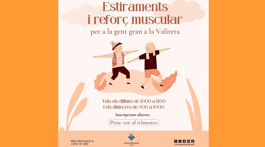 Cartell anunciant l'activitat dels estirament i el reforç muscular per a la gent gran (Comú d'Encamp)