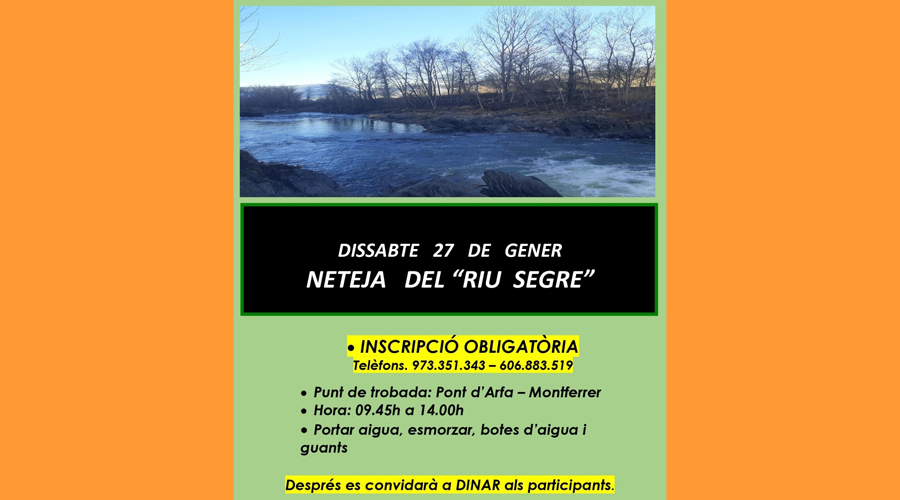 Cartell anunciant la neteja del riu Segre en el tram d'Arfa a Montferrer