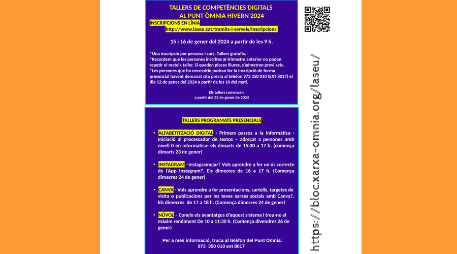 Cartell anunciant els tallers al Punt Òmnia (Aj. la Seu)