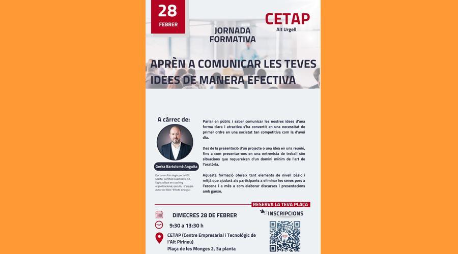 Cartell anunciant el curs "Aprèn a comunicar les teves idees de manera efectiva" (CCAU)