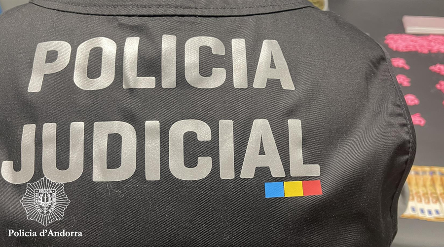 Agent de la Policia Judicial amb pastilles i diners al seu davant (Policia d'Andorra)