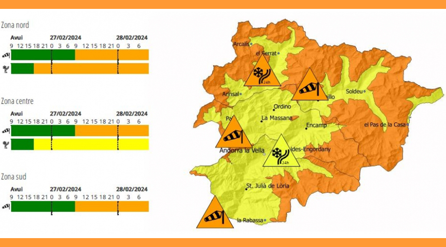 El mapa indicant el fort vent i les nevades importants que poden patir algunes zones del país (Govern)
