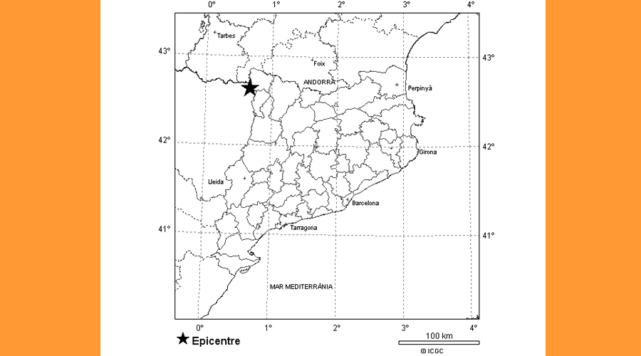 Ubicació de l'epicentre del terratrèmol d'aquest dilluns a l'Aran i la Ribagorça (Mapa: ICGC)